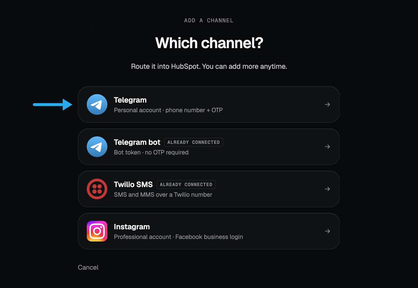TryWired’s Add a channel screen listing Telegram personal account, Telegram bot, Twilio SMS, and Instagram. An arrow points at the first row, Telegram personal account.