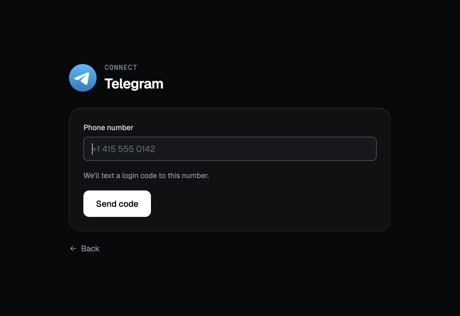 TryWired’s Connect Telegram screen with a phone number field showing the placeholder plus 1 415 555 0142 and a Send code button.