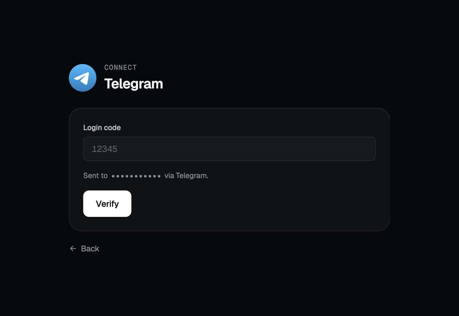 TryWired’s Connect Telegram screen asking for the login code, with the destination phone number masked, and a Verify button.