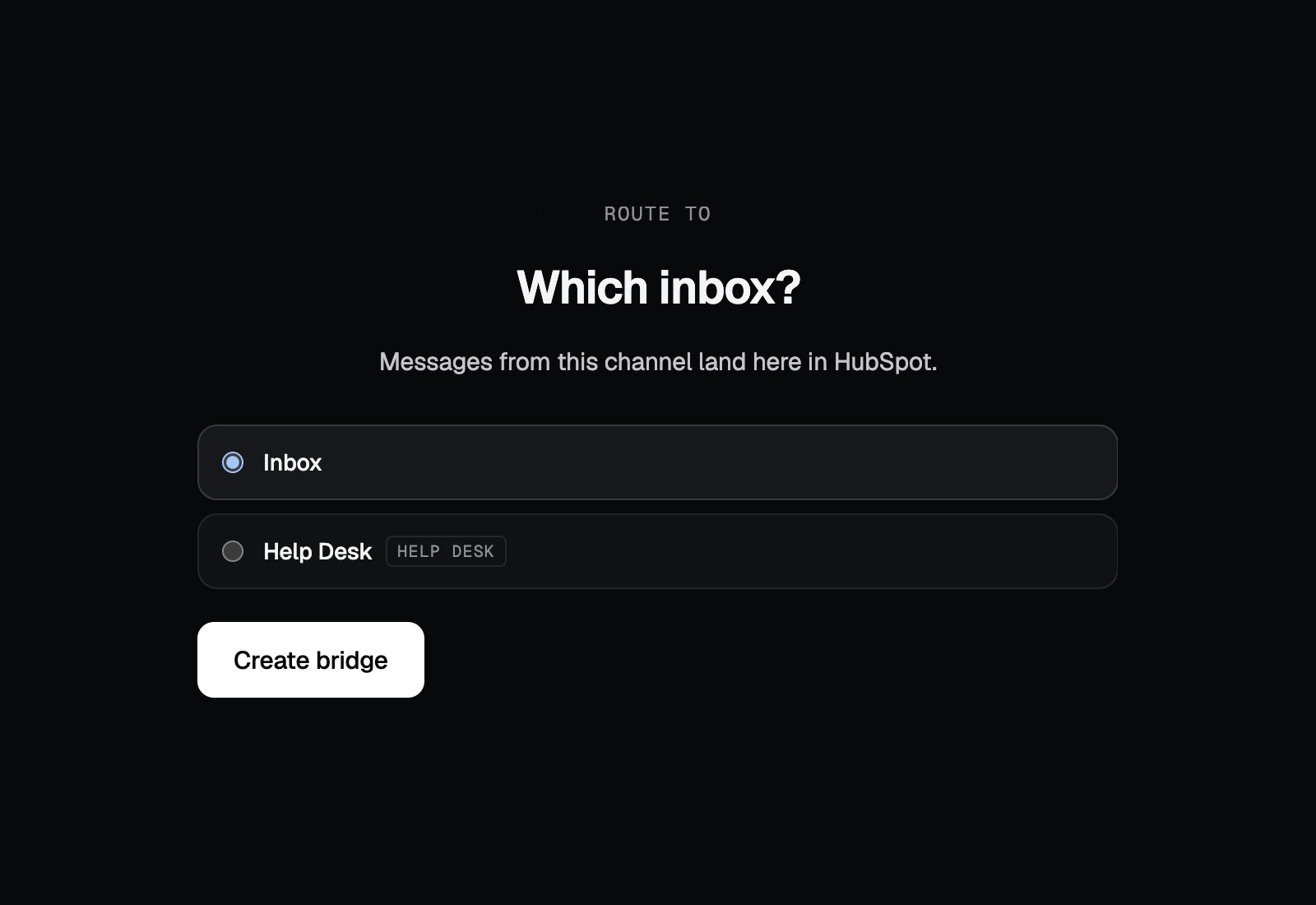 TryWired’s Which inbox screen listing the available HubSpot destinations, Inbox and Help Desk, with Inbox selected and a Create bridge button.