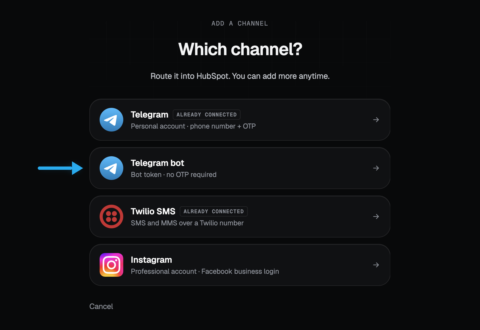 TryWired’s Add a channel screen listing Telegram personal account, Telegram bot, Twilio SMS, and Instagram. An arrow points at the second row, Telegram bot.