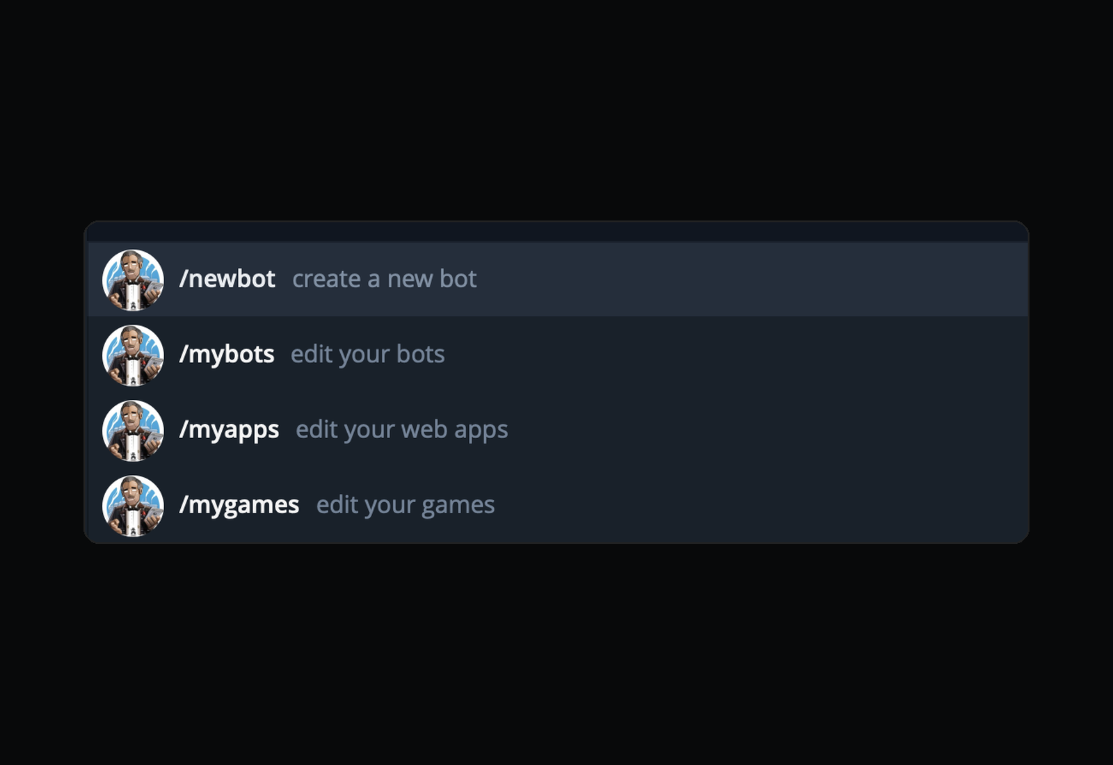 The @BotFather command list in Telegram, showing slash newbot to create a new bot, slash mybots, slash myapps, and slash mygames.
