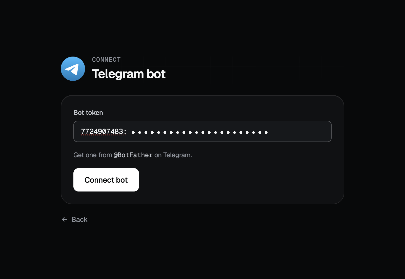 TryWired’s Connect Telegram bot screen with the bot token pasted into the Bot token field, its secret part masked, and a Connect bot button.